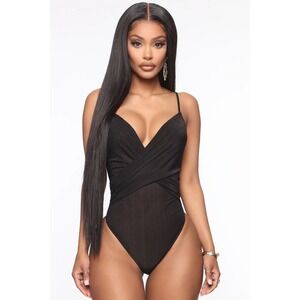 Favlux Black Ribbed Plunge Wrap Bodysuit Size S